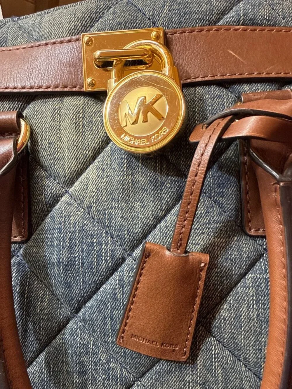 Michael Kors Quilted Denim Tote Bag with Leather Trim